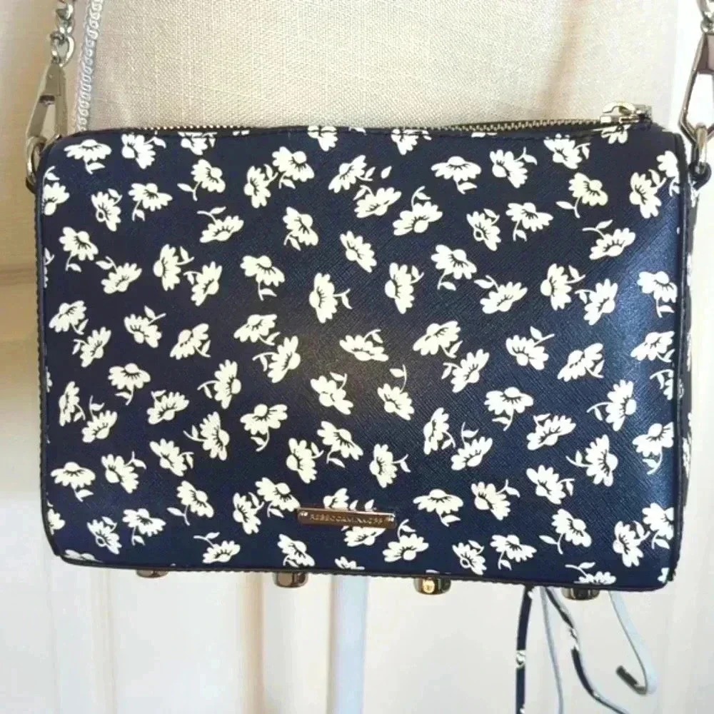 Rebecca Minkoff Avert Crossbody Saffiano Leather Black & White Floral Handbag
